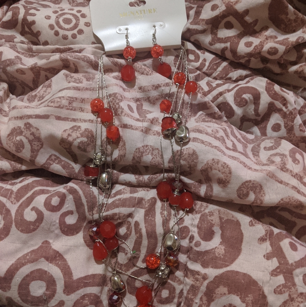 SALE Signature NYC Art Deco Red Silver Multistrand Bead Necklace Earrings